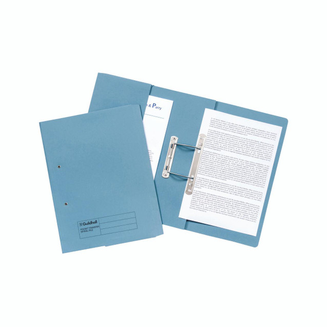 CW Office Guildhall Hw Pkt Sprl File Blue PK25, blue spiral file folder with internal rings and documents inside for office organization.