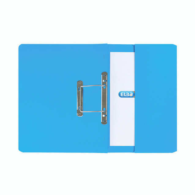 CW Office Elba Spring Pkt File FC Blue PK25, blue file folder with spring mechanism and label logo on the front, ideal for organizing documents in office settings.