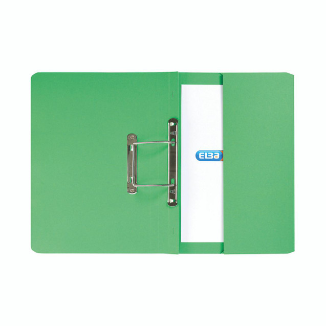 CW Office Elba Spring Pkt File FC Green PK25, green file folder with metal spring mechanism for organization and filing.