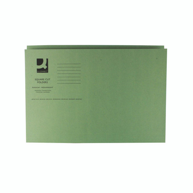CW Office Q-Connect Square Cut Folder, green storage folder for documents, PK100 pack.