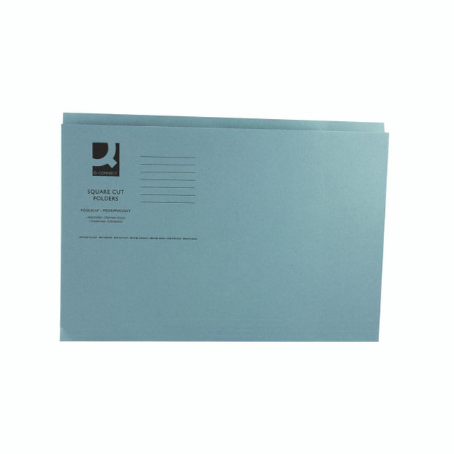 CW Office Q-Connect Square Cut Folder FC BLU PK100, light blue square cut folder for office use.