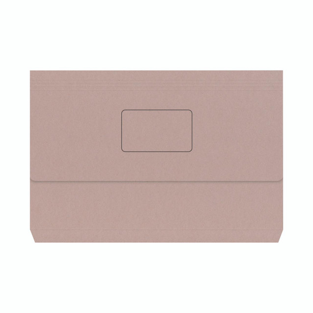 CW Office Document Wallet 220GSM FC Buff PK50, beige folder with a transparent window for labels, designed for organizing and storing documents.