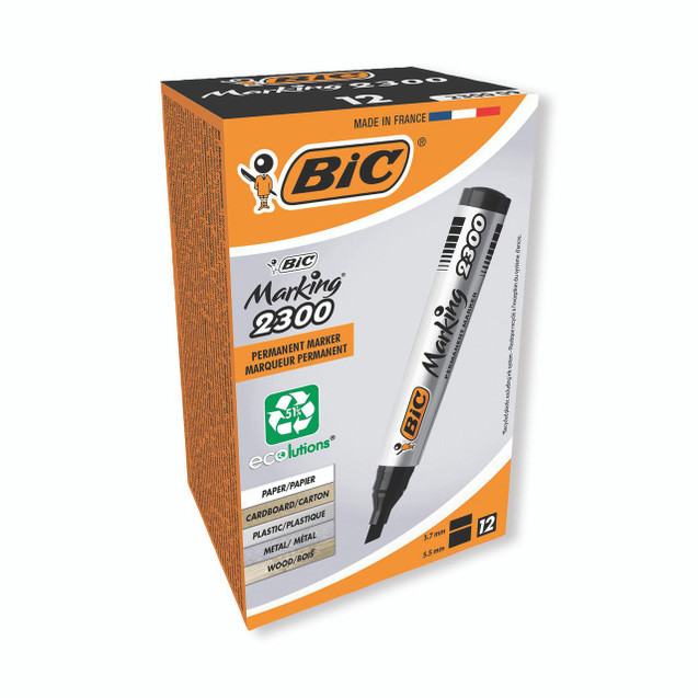 Product CW Office Bic 2300 Chisel Perm Marker BLK PK12, black permanent marker in a white and orange box suitable for marking on various surfaces.
