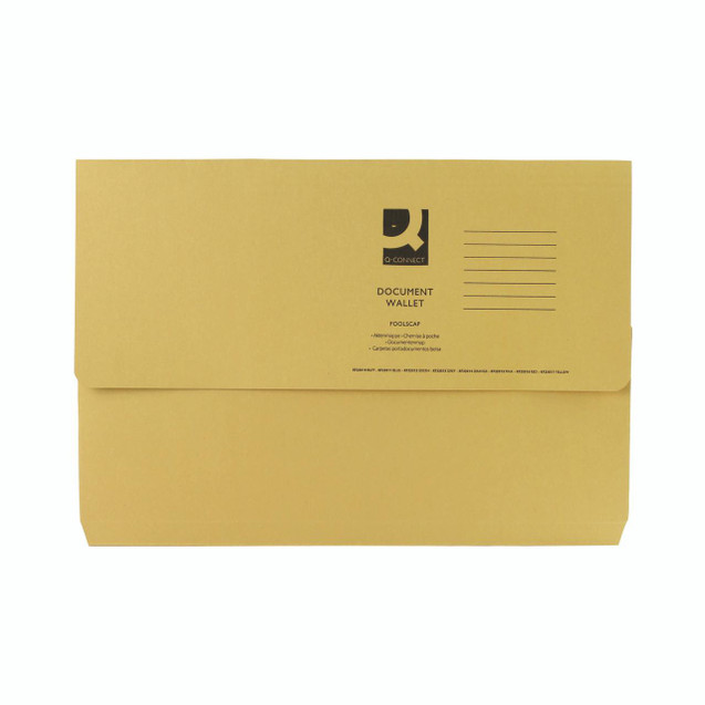 CW Office Q-Connect Doc Wallet FC Ylw PK50, yellow document wallet with fold-over flap and printed label for storing and organizing documents.