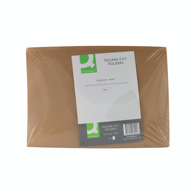 Q-Connect Square Cut Folders Kraft F/Cap, image of a pack of 100 brown square cut folders with white label and barcode.