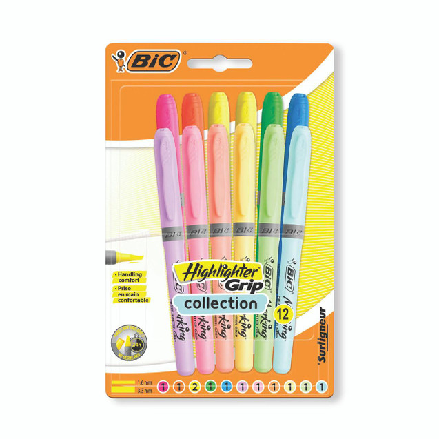 CW Office Bic Highlighter Grip Pastel Assorted Pack of 12 highlighters, pastel-colored pens with grip for comfortable handling and highlighting writing on documents.