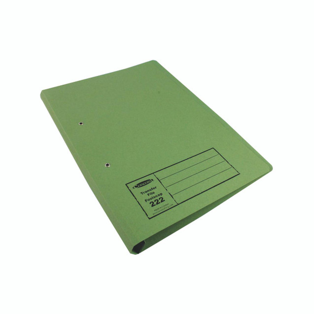 CW Office Guildhall Transfer File Green PK25, a green transfer file with metal rings and a label for organizing documents.