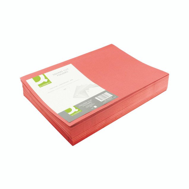 CW Office Q-Connect Square Cut Folder FC Red PK100, red filing folders stacked together.