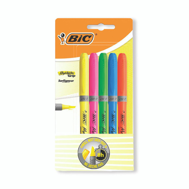 CW Office Bic Highlighter Grip Chisel AST PK5, set of five colorful highlighter pens in yellow, pink, green, blue, and orange with grip technology.
