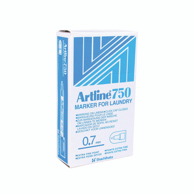 CW Office Artline Laundry Marker Black 750 P12, box of laundry marking pens for linen labeling with a 0.7mm extra fine point.