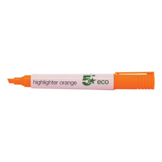 CW Office Highlighter Chisel Tip Orange PK10, orange chisel tip highlighter pen with white body and black text, featuring a green eco logo.