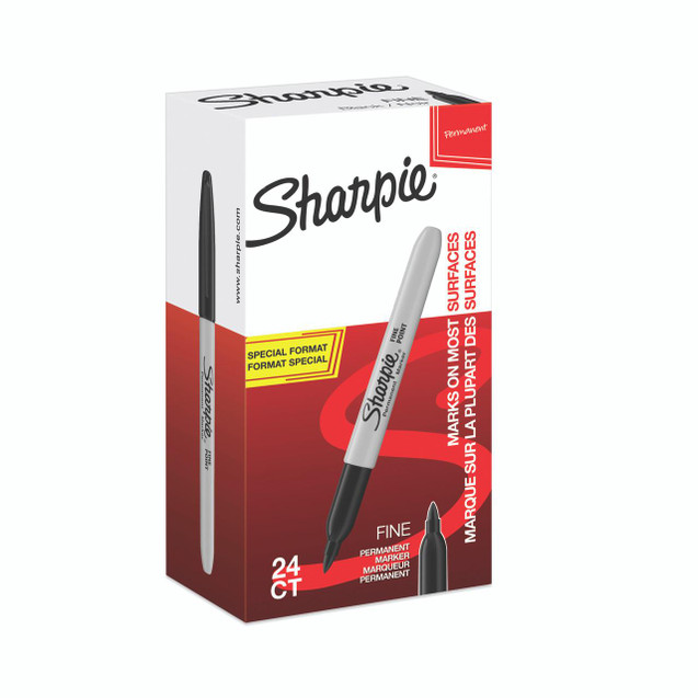 CW Office Sharpie Perm Markers Fine Black PK24, retail packaging of 24 permanent fine tip black markers with a white and red box design.