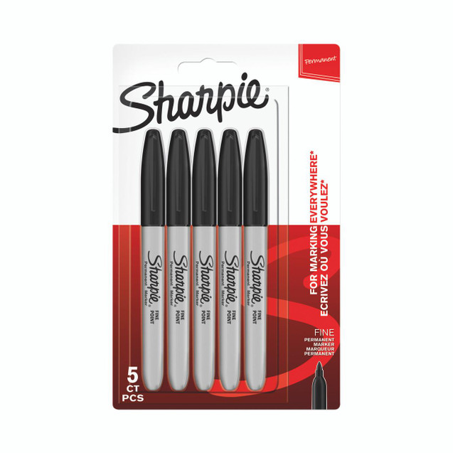 CW Office Sharpie Permanent Marker Fine BLK P5, set of five black permanent markers with fine tips