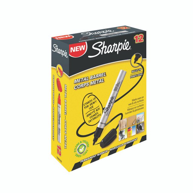 CW Office Sharpie Pro Perm Bllt Marker BLK P12, black permanent marker in a yellow and black box with a metal barrel and bullet tip for heavy-duty surfaces.