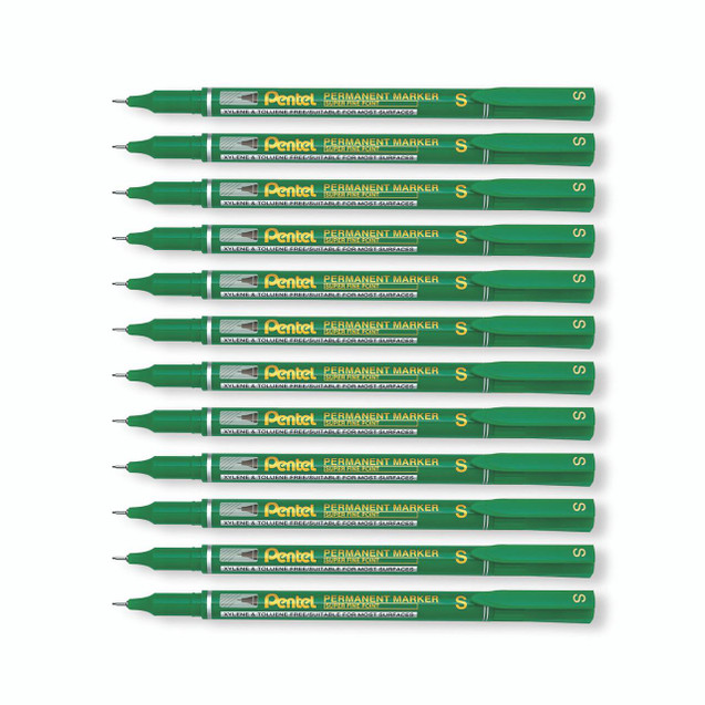 CW Office Perm Marker Super Fine Green PK12, set of 10 green permanent markers with fine tips suitable for most surfaces.
