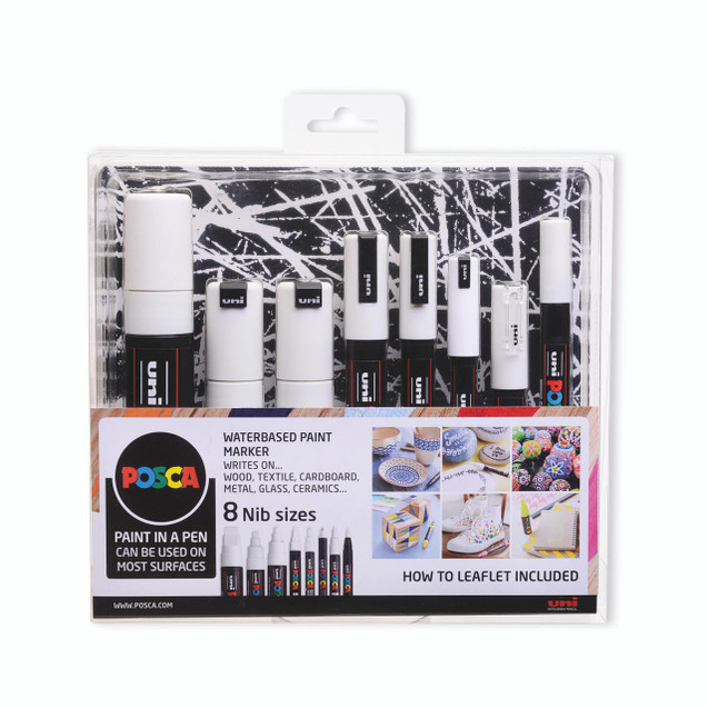 CW Office Posca Uni Posca Pnmk Set White PK8, set of 8 water-based paint markers in white color, displayed in transparent case with product label and images showing various craft uses.