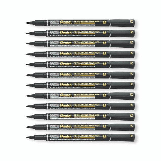 CW Office Perm Marker Fine Black PK12, set of 12 black permanent markers with fine tips arranged in a row.