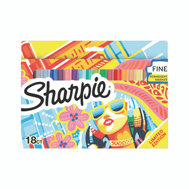 CW Office Sharpie Permanent Markers AST PK18, colorful pack of 18 fine tip permanent markers with vibrant ink colors in a decorative box