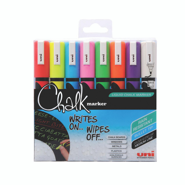 CW Office Uni Chalk Markers Medium AST PK8, set of 8 colorful liquid chalk markers for writing on chalkboards, windows, metals, plastics, and non-porous surfaces, rain resistant with bullet tip.