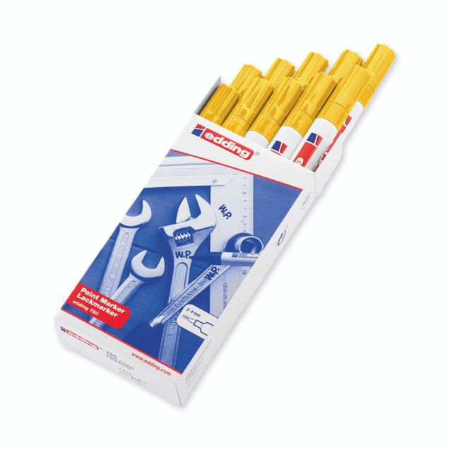 Product CW Office Edding Paintmarker Opq Ylw 750 PK10, yellow paint markers in a pack with yellow caps in a white and blue box.