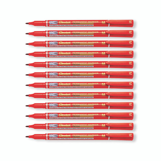 CW Office Perm Marker Fine Red PK12, a set of 12 red permanent markers with fine tips arranged neatly in a row.