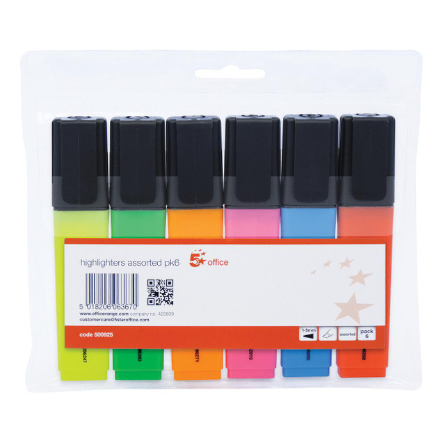 CW Office Highlighter Chisel Tip AST PK6, set of six colorful highlighters in yellow, green, orange, pink, blue, and red with black caps in transparent plastic packaging.