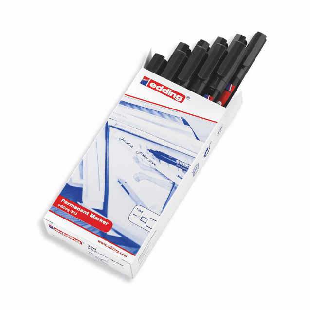Product CW Office Edding Marker Perm BLK 370-001 PK10, black permanent markers in a pack of 10 in a white box with red and blue design elements.