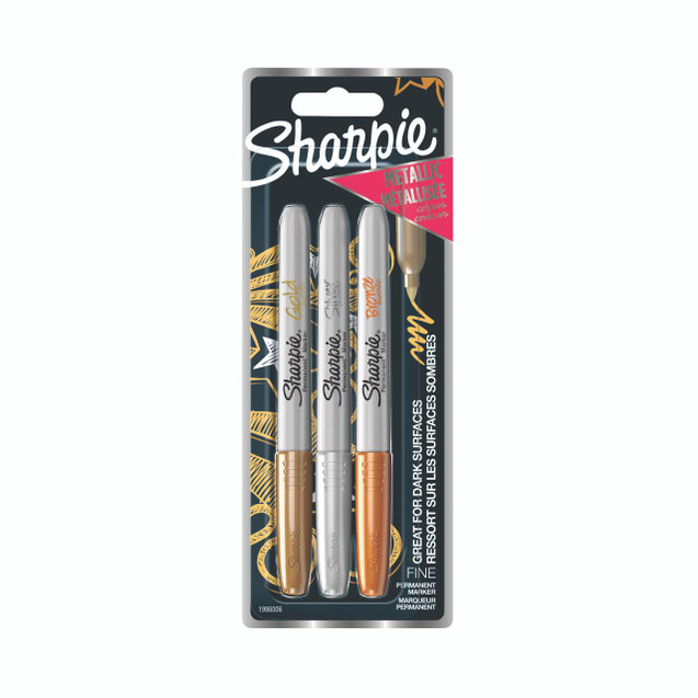 CW Office Sharpie Metallic Marker Fine PK3, three metallic pens in gold, silver, and bronze colors in retail packaging.
