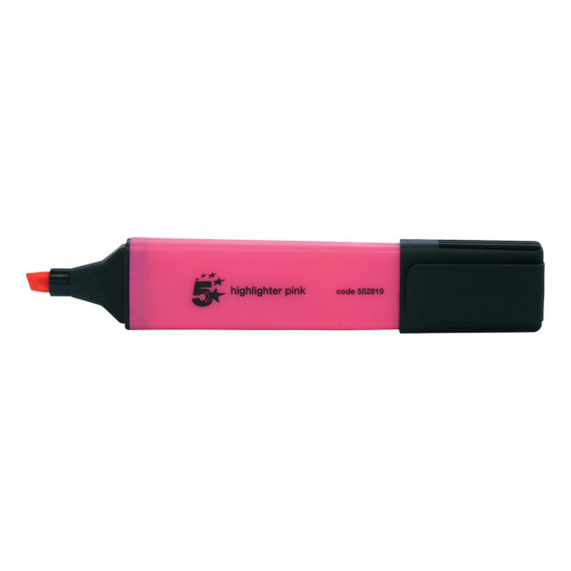 CW Office Highlighter Chisel Tip Pink PK12, pink highlighter pen with chisel tip and black end cap.