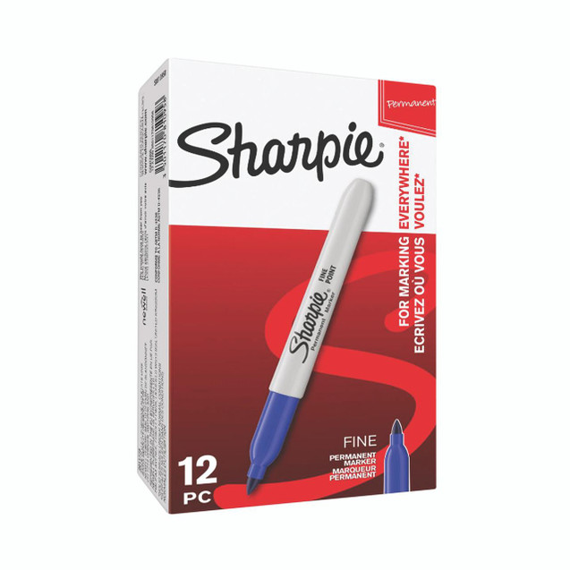 Product CW Office Sharpie Permanent Marker Fine Blue PK12, front view of the marker box showcasing the brand logo, marker image, and product details for office use and permanent marking.