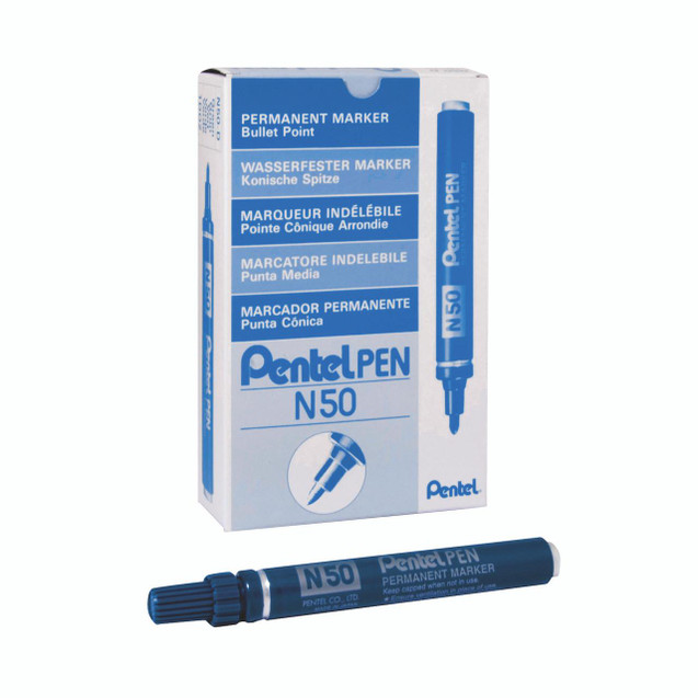 Product CW Office Pentel N50 Bullet Marker BLU Box 12, blue permanent marker and its packaging.