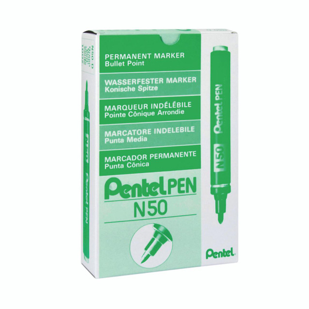 CW Office Pentel N50 Green Marker Bullet PK12, green permanent marker in a pack with product details on box.