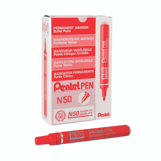Product CW Office Pentel N50 Bullet Marker Red Box 12, a red permanent marker pen with a bullet tip placed next to its packaging box with product details.