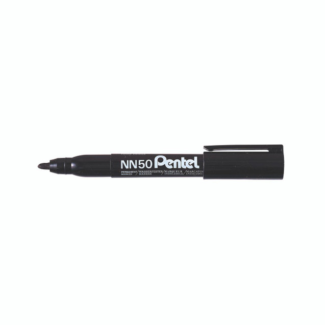 CW Office Pentel NN50 Perm Marker Black PK12, black permanent marker with a chisel tip and a removable cap.