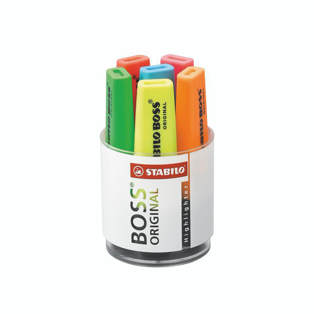 CW Office Stabilo Boss Original Highlighter Set, color-coded highlighters in a transparent container.