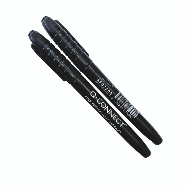 CW Office Q Connect Fine Permanent Markers Black Pack of 10, image showing two black permanent markers for office and school use.