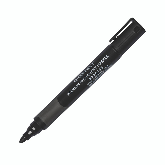 CW Office Q-Connect Prem Perm Marker BLK PK10, black permanent marker pen with a fine tip for writing on various surfaces.