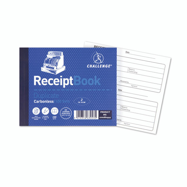 CW Office Challenge Dup Rcp Book 105X130MM PK5, pack of 5 double-copy self-duplicating receipt books with white and blue pages for record keeping.