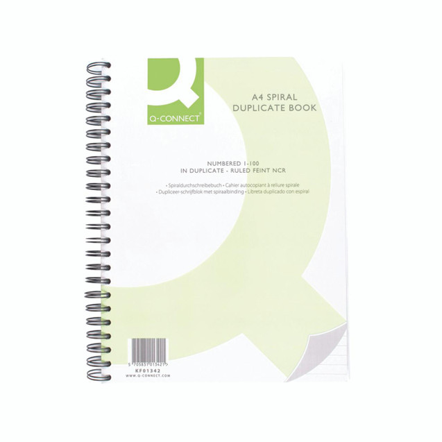 Product CW Office Q-Connect Wiro Bound Dup Book A4, green and white spiral-bound duplicate notebook with a spiral binding at the left side.