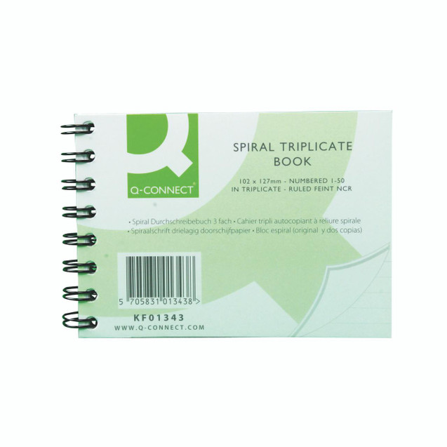 Q-Connect Wiro Bound Carbonless Book, spiral notebook with green and white cover featuring product details and barcode.