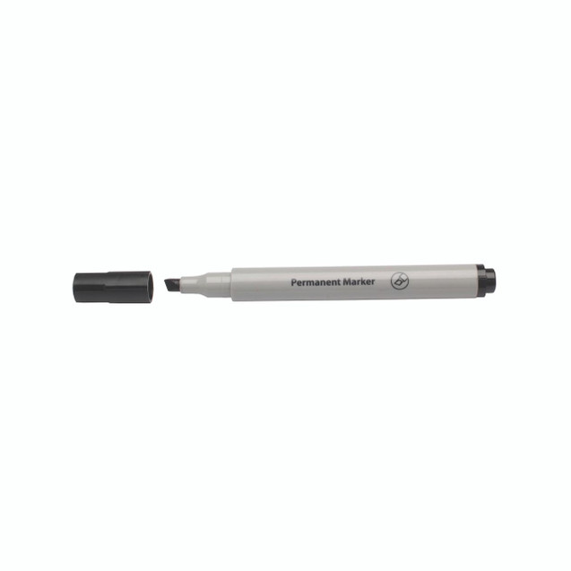 CW Office Black Permanent Marker Chisel PK10, open black permanent marker with chisel tip and cap removed.