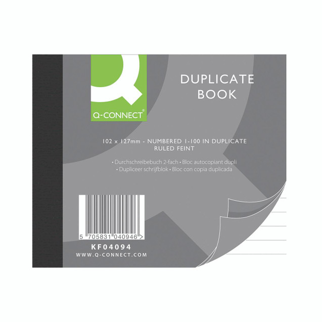 CW Office Q-Connect Duplicate Book 102X127MM, gray cover with green and white logo, barcode, and product details.