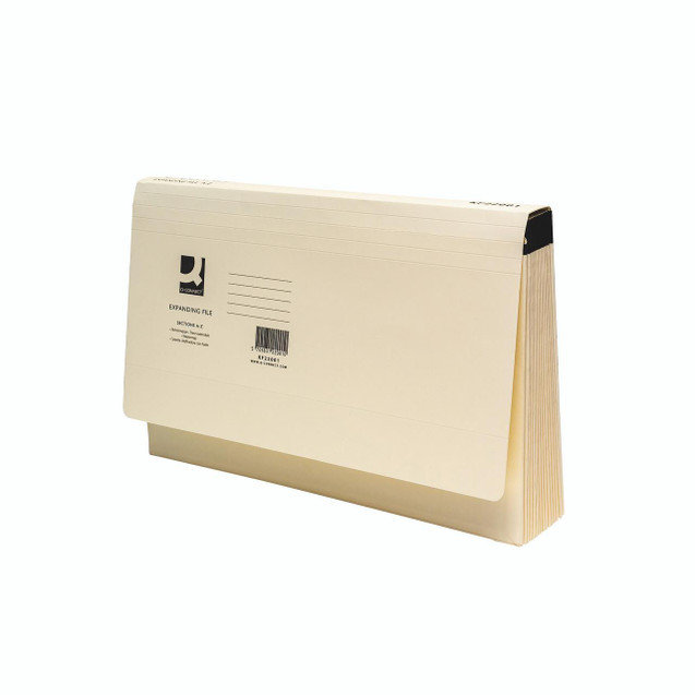 CW Office Q-Connect Expanding File A-Z Manilla, a beige manilla expanding filing folder with A-Z sections and a barcode on the front.