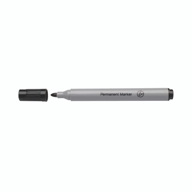 CW Office Black Permanent Marker Bullet PK10, black permanent marker pen with a removable cap and bullet tip for writing on various surfaces.