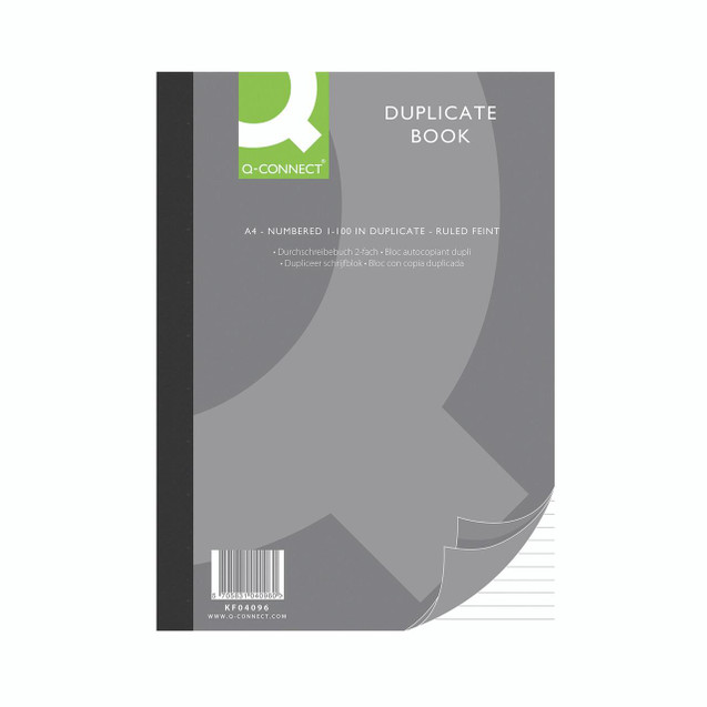 CW Office Q Connect Duplicate Book A4, grey and black duplicated notebook with ruled pages and numbered 1-100 for office or school use.