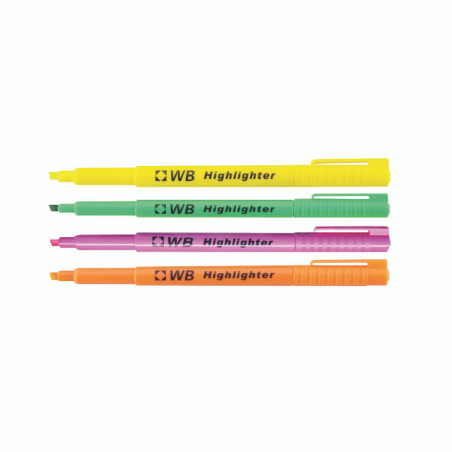 CW Office Highlighter Pens Assorted PK4, set of four colorful highlighters in yellow, green, pink, and orange with chisel tips and clip caps.