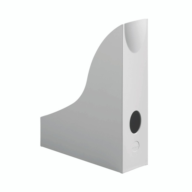 CW Office Durable Magazine Rack Eco GREY, sleek and modern grey magazine rack with a curved design and circular holes for storage.