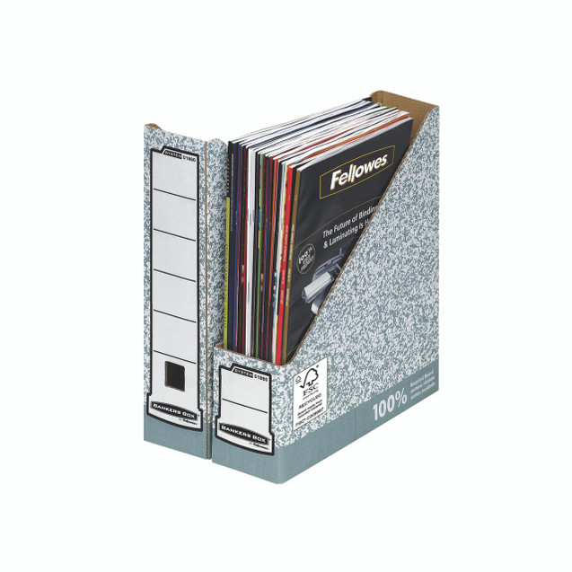CW Office Bankers Box Mag File GREY/WHT PK10, Recycled cardboard banker's file storage boxes with printed labels for organizing files.