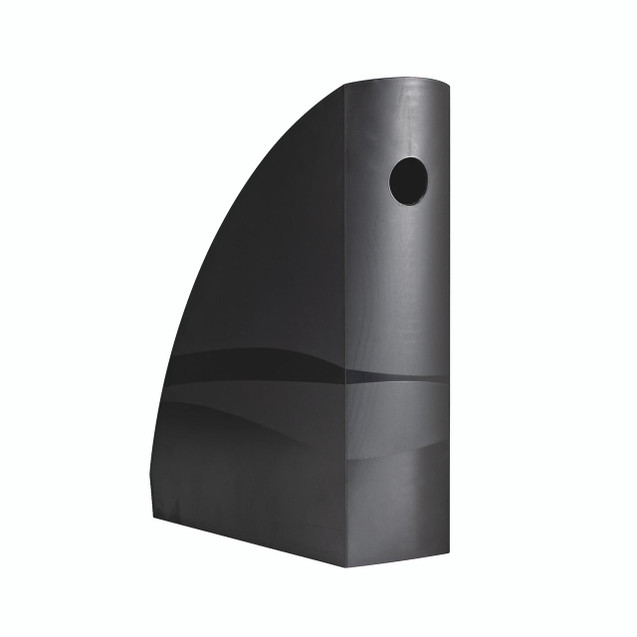 CW Office Contour Magazine File Black CE06111, black vertical magazine storage file with a curved design and circular hole for easy access.