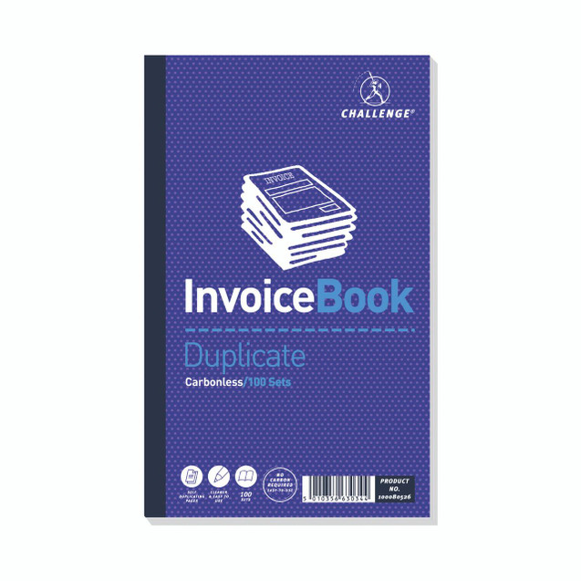 CW Office Challenge Dup Book 210X130MM PK5, image of a purple duplicate invoice book with white and blue text and illustrations, for easy duplicating and record keeping.
